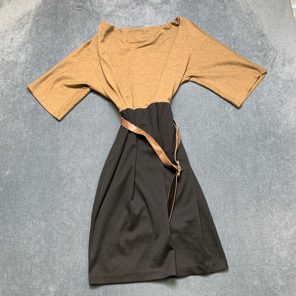 Maggy London Fit & Flare Dress Womens 6 Black Beige Stretch Pleated Belt Waist